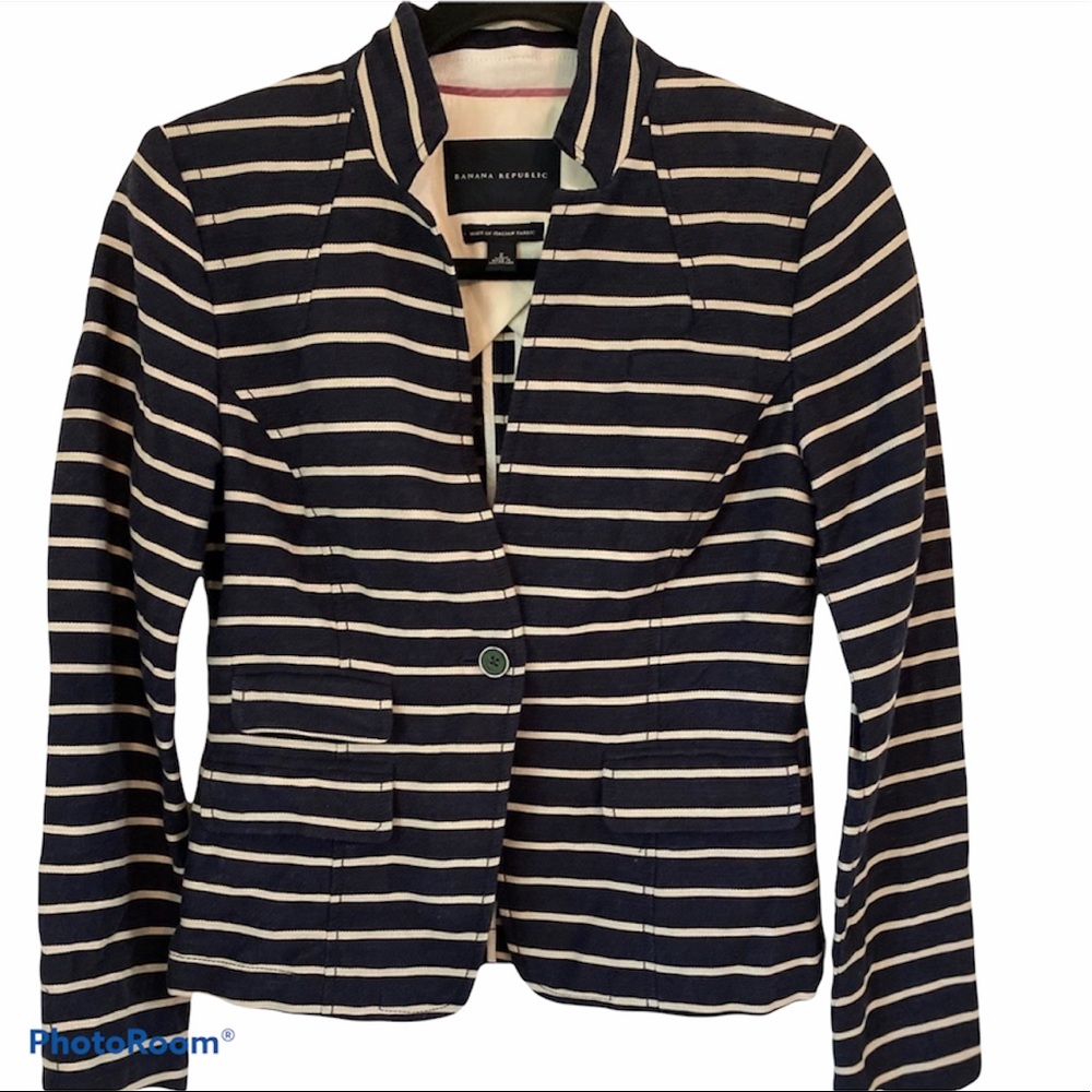 Banana Republic Navy Striped Blazer SZ 2 55%linen